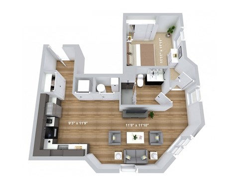 Floor plan for 1 bed, 1 bath, 726 sqft